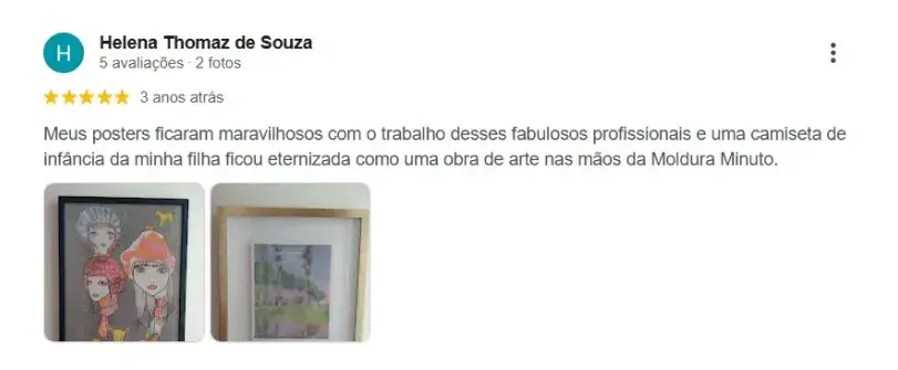 Avaliação 5 estrelas de cliente da Moldura Minuto