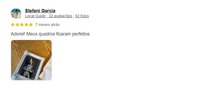 Avaliação 5 estrelas de cliente da Moldura Minuto