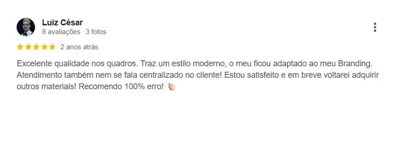 Avaliação 5 estrelas de cliente da Moldura Minuto