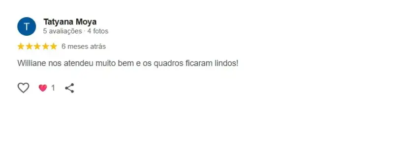 Avaliação 5 estrelas de cliente da Moldura Minuto