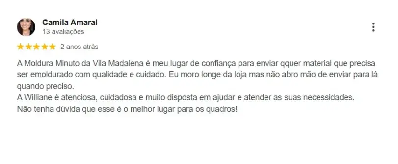 Avaliação 5 estrelas de cliente da Moldura Minuto